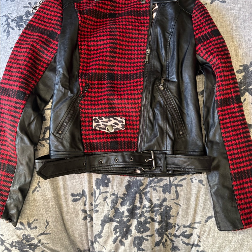 Red and Black Houndstooth Leather Jacket